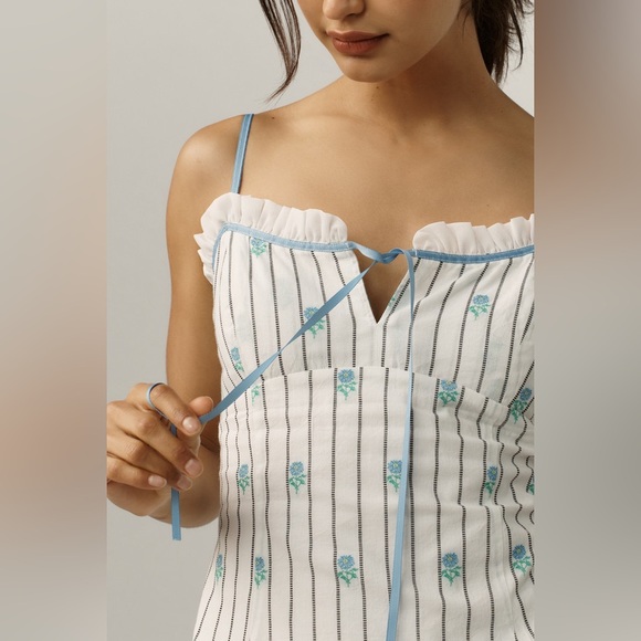 Anthropologie Maeve Blue Jacquard Floral Ruffle Hem Mini Dress Size Size Small - Picture 2 of 8